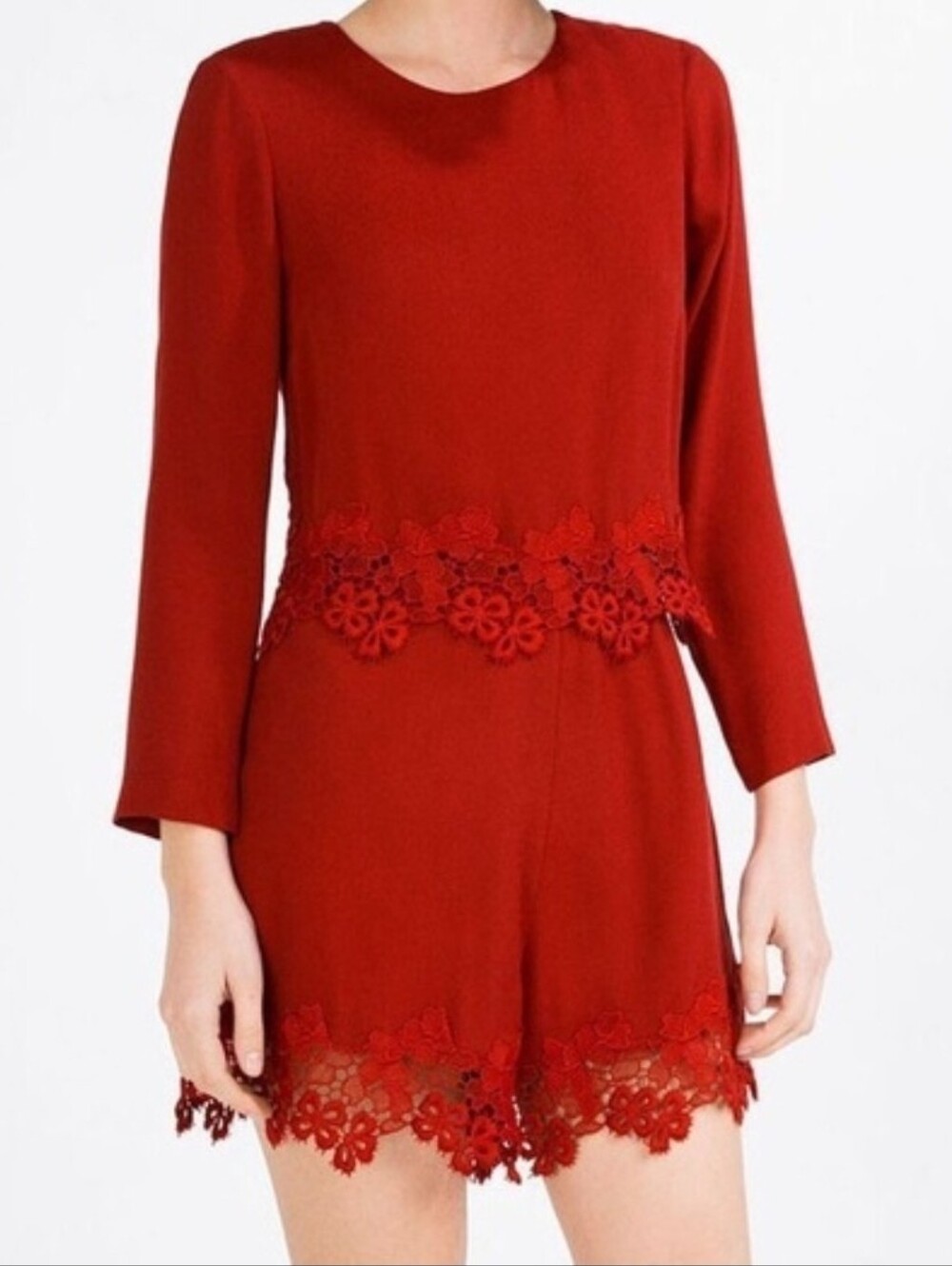 Red Zara jumper/romper embroidery trim long sleeve M